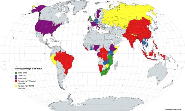 Map of the world showing where TB-MBLA has been or being implemented